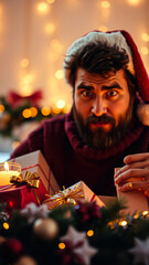 Poster - man wearing a red sweater a white hat looks curiously at the camera surrounded by festive presents.