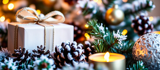 Sticker - white gift box with a gold ribbon among festive decorations