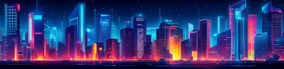 Aerial view of multicolored illuminated skyscrapers and high rise buildings located  against dark cloudy night sky