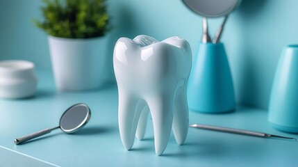 Poster - Minimalist dental hygiene banner with a detailed tooth model dental mirror and tools on a light blue background perfect for professional dental care promotions and educational purposes