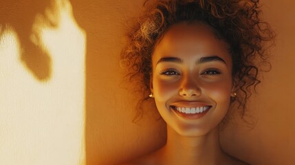 Wall Mural - Young woman with curly hair smiling against an orange wall background with sunlight coming in from the side. Concept of joy and serenity.