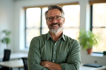 Smiling older bank manager or investor, happy middle aged business man boss ceo, confident mid adult professional businessman executive standing in office, mature entrepreneur headshot portrait