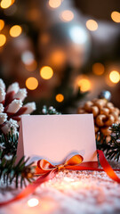 white card with a red bow decorated with festive greenery