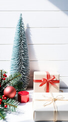 Sticker - miniature blue pine tree wrapped gifts adorn a white wooden surface