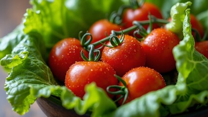 Freshly washed lettuce and cherry tomatoes in a salad bowl