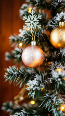 Canvas Print - pink snowflake ornament hangs on a snowy pine branch