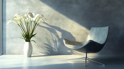 Poster - Minimalist modern living room with a sleek armchair next to a vase filled with white calla lilies set against a clean empty wall The space reflects Scandinavian design creating a serene atmosphere