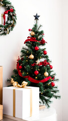 Poster - decorated pine tree with a white gift box