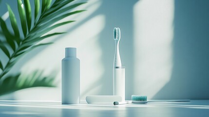 Poster - Minimalist scene featuring a dental hygiene set including an elegant toothbrush organic toothpaste and floss against a smooth light backdrop perfect for a health day awareness campaign