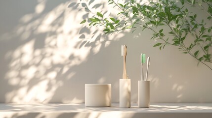 Poster - Minimalist scene featuring a dental hygiene set including an elegant toothbrush organic toothpaste and floss against a smooth light backdrop perfect for a health day awareness campaign