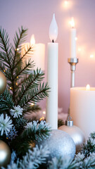 Canvas Print - burning white pillar candle surrounded by evergreen twinkling lights