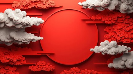 Aufkleber - Red Asian Design Background, with Circle Frame and Clouds on 3D Pattern. Chinese New Year Template with copy-space.