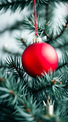 Sticker - shiny red ornament hanging on a pine branch