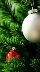 Sticker - white christmas ornament adorns a lush evergreen branch