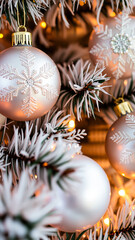 Poster - silver snowflake ornament adorns a snowy evergreen branch