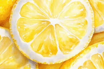 Wall Mural - Juicy Lemon Slice. Watercolor Hand Drawn Illustration of Fresh Citrus Fruit in Top View Composition