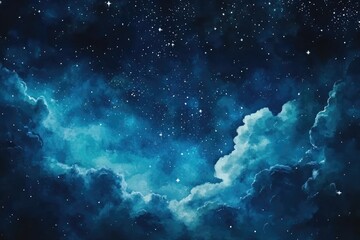 Starry Night Sky. Cosmic Watercolor Illustration with Dreamy Nebula and Glowing Stars