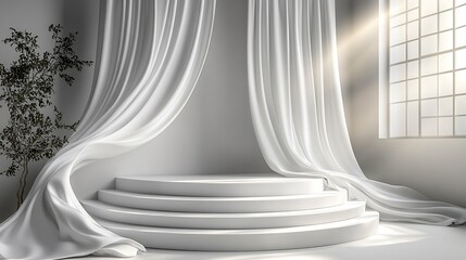 Poster - Modern 3D podium with a flowing fabric curtain and spotlight set against a tranquil white background creating a clean and elegant space for luxury displays