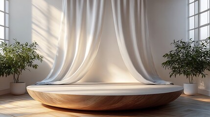 Poster - Modern 3D podium with a flowing fabric curtain and spotlight set against a tranquil white background creating a clean and elegant space for luxury displays