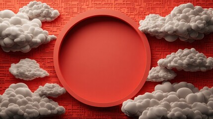 Aufkleber - Red Asian Design Background, with Circle Frame and Clouds on 3D Pattern. Chinese New Year Template with copy-space.