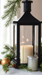 Canvas Print - black lantern with three candles pine boughs