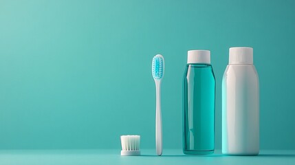Poster - Modern dental hygiene set featuring a toothbrush dental floss and mouthwash arranged neatly on a bright light background Ideal for healthcare promotions or awareness banners