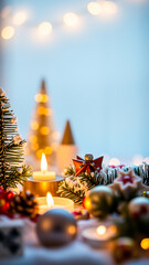 Wall Mural - festive table setting with evergreen branches twinkling lights candles