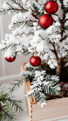 Wall Mural - frosted pine branch with red ornaments wooden box