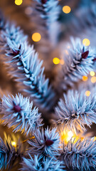 Wall Mural - close- a white pine tree branch decorated with fairy lights