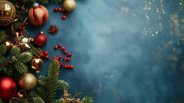 Holiday card with Christmas Tree, Christmas ornament background, ornate floral frame and copy space