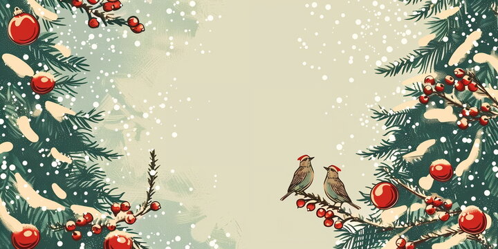 Vintage holidays card with Christmas Tree, birds, Christmas ornament background, ornate floral frame and copy space. Retro banner Christmas and New year concept, soft colors