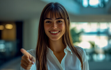 A beautiful young woman, smiling and pointing