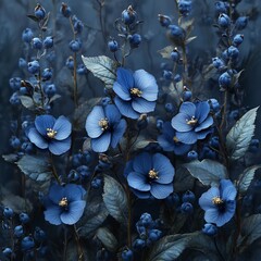 Poster - Moody botanical composition of dark blue flowers with rich green leaves set against a dark backdrop highlighting the elegance and sophistication of natures beauty