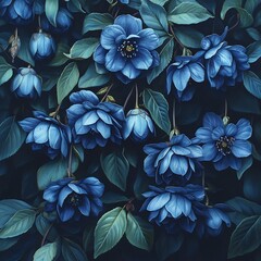 Poster - Moody botanical composition of dark blue flowers with rich green leaves set against a dark backdrop highlighting the elegance and sophistication of natures beauty