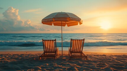 Poster - Pair of lounge chairs on the beach set under a striped umbrella facing the calm ocean waves golden sand beneath with the sunset casting a soft orange glow on the horizon