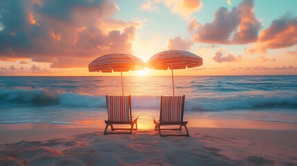 Poster - Pair of lounge chairs on the beach set under a striped umbrella facing the calm ocean waves golden sand beneath with the sunset casting a soft orange glow on the horizon
