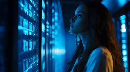 A woman stands in front of a server rack, illuminated by blue light.