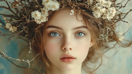 Vintage portrait of a young beautiful girl wearing a wreath of flowers and branches on her head. Rustic, alternative abstract lady costume.