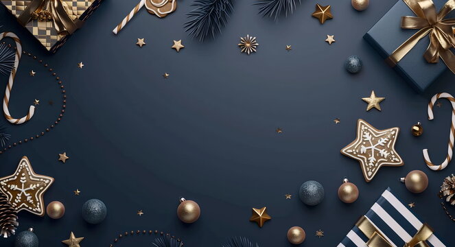 Christmas background with navy blue and gold colors. Flat lay composition with space for text, Christmas decorations, gift boxes, gingerbread cookies, candy canes, pine cones, stars. Mockup. Top view