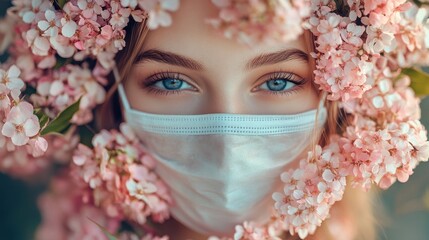 Love, beautiful girl portrait in pastel vivid, fresh, Spring, flowers, a wreath of flower in the hair of a young woman with face mask through the eyes.