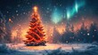 © peppastocker - gorgeus winter christmas tree illuminated by northern lights, digital illustration, created with generative ai