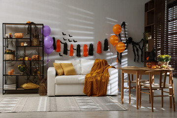 Poster - Room interior with different bright Halloween decorations