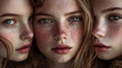 © Iaroslav - Three girls with freckles on wet skin look at the camera, creating a feeling of comfort and harmony through natural beauty.