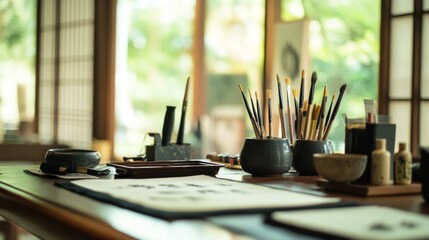 Poster - A peaceful calligraphy room with traditional tools, Brushes, ink