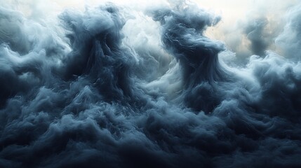 Poster - Powerful formation of black clouds and stormy smoke billows across a white background capturing the essence of an impending storm with swirling dark shapes in an abstract atmospheric display