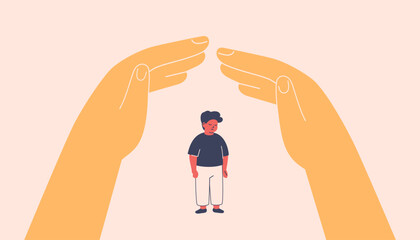 Human hands create secure environment for african american boy via home roof gesture. Childproofing, supervision, teaching safety rules. Adoption and Adults taking care about kids. Vector illustration