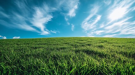 Poster - Scenic outdoor landscape with soft focus on vibrant green grass stretching towards the horizon set against a bright blue sky with wispy clouds offering a refreshing and peaceful atmosphere