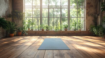 Fototapete - Serene empty yoga studio featuring a neatly rolled yoga mat on a polished wooden floor soft natural light streaming through large windows creating a peaceful atmosphere for practice
