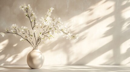 Poster - Serene home interior with soft lighting featuring white flowers in a vase on a sleek table The light background creates a peaceful atmosphere perfect for product display and minimalist design