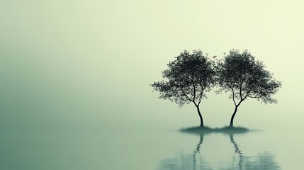 Poster - Serene minimalistic design with silhouettes of two trees standing close together their branches intertwined representing friendship and support on a soft green background for Friendship Day